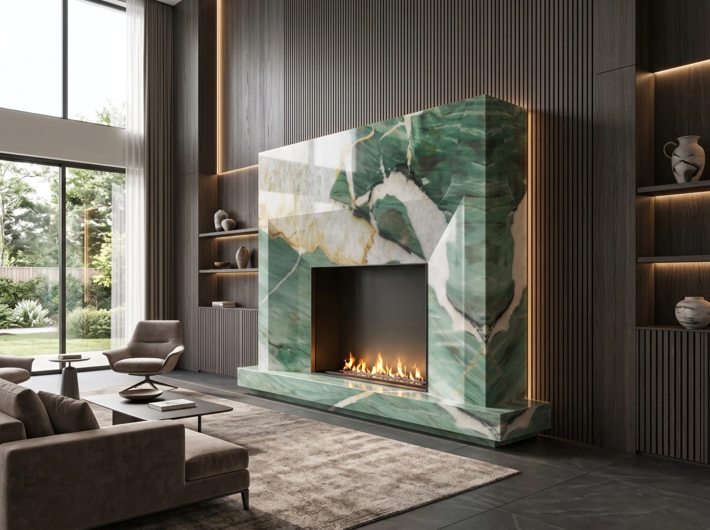 Patagonia Green Quartzite fireplace surround with bookmatched stone panels, mitered corners and dramatic green, white and gold veining in a luxury living room Patagonia Green Quartzite fireplace surround with bookmatched stone panels, mitered corners and dramatic green, white and gold veining in a luxury living room
