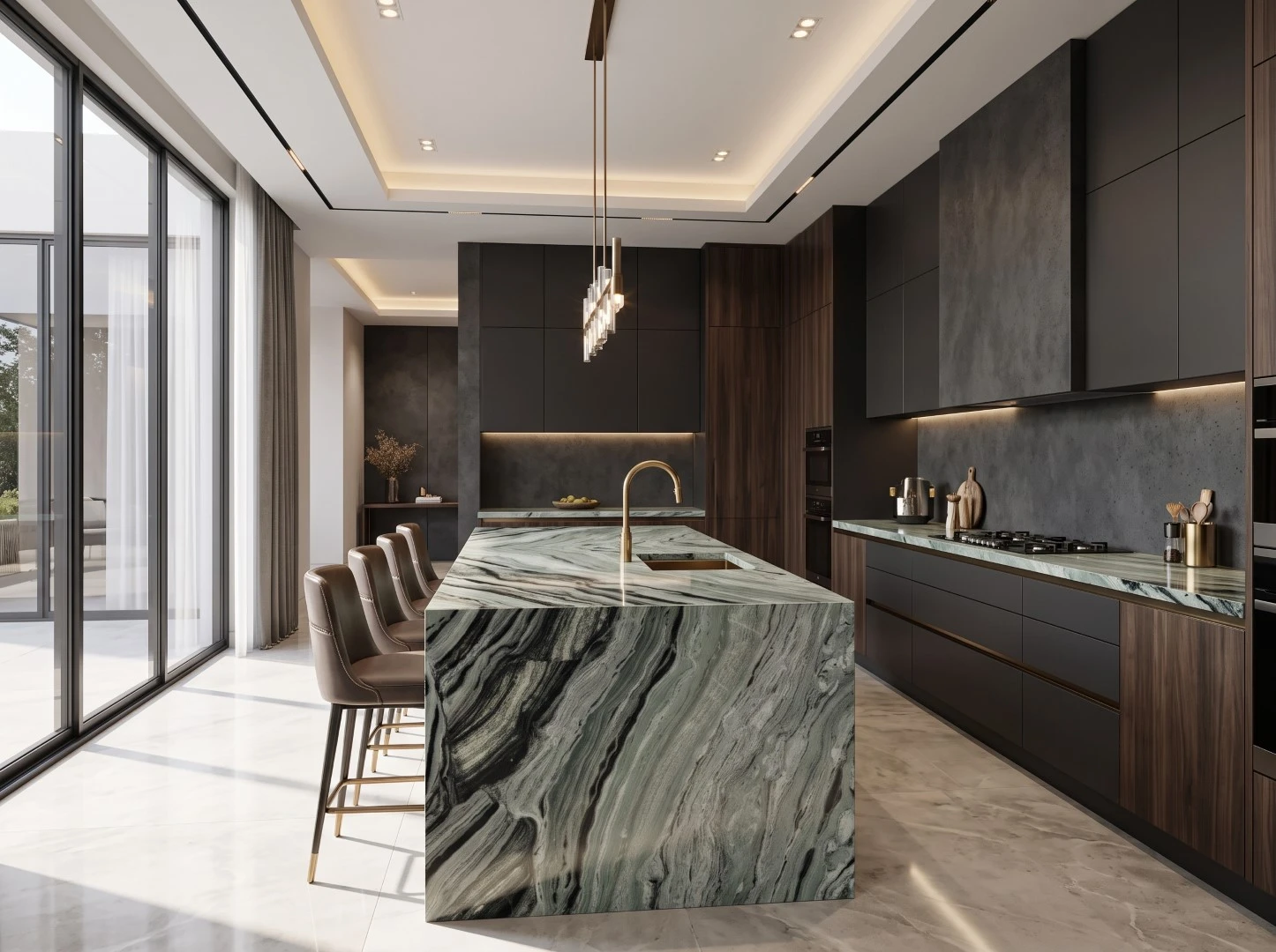 Verde Oceania Marble waterfall kitchen island and matching countertops with flowing green, grey and black veining in a modern luxury kitchen Verde Oceania Marble waterfall kitchen island and matching countertops with flowing green, grey and black veining in a modern luxury kitchen
