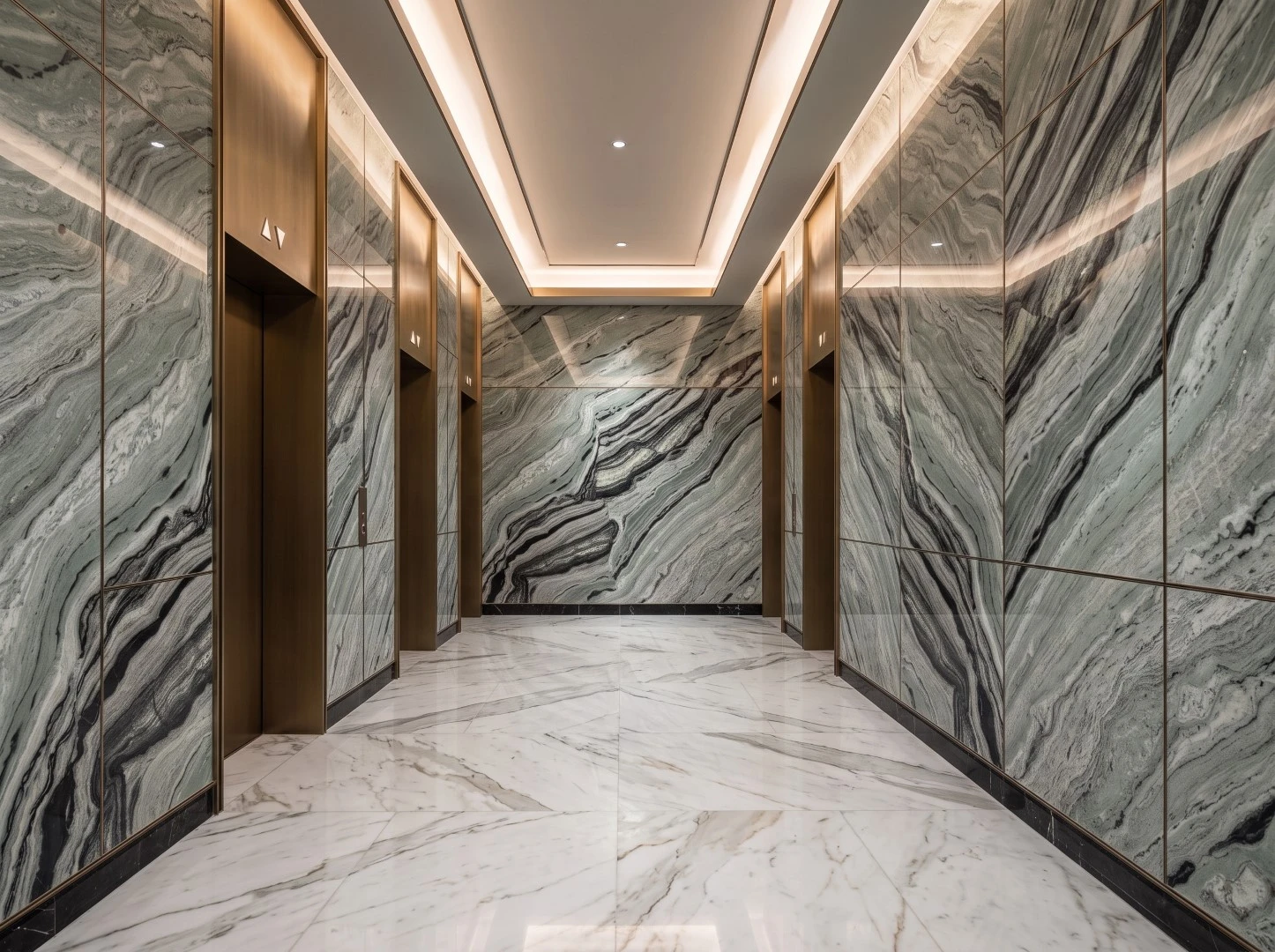 Verde Oceania Marble wall cladding with flowing green, grey and black veining installed in a luxury elevator lobby Verde Oceania Marble wall cladding with flowing green, grey and black veining installed in a luxury elevator lobby