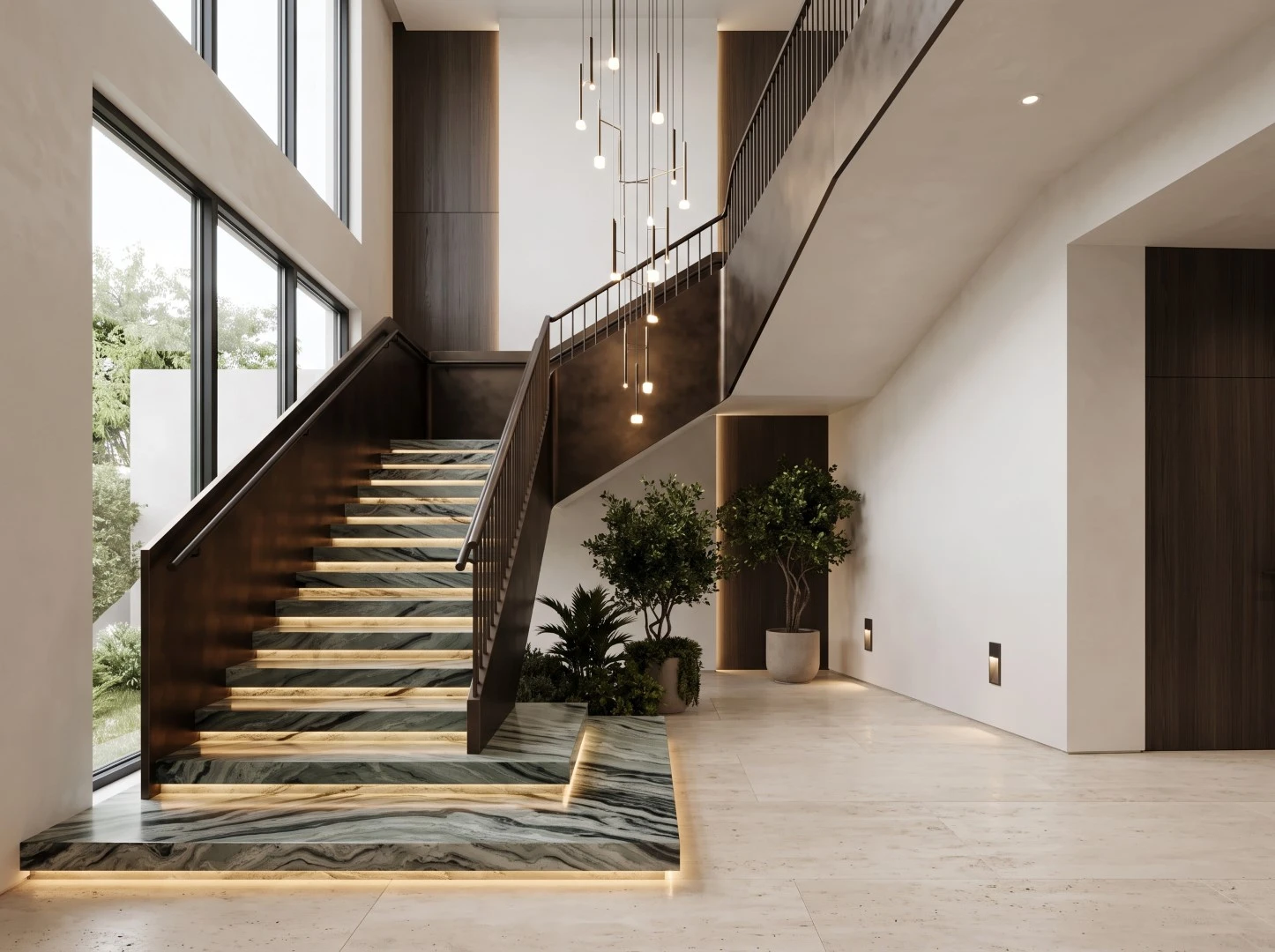 Verde Oceania Marble interior staircase with illuminated treads, matching landing and flowing green and black veining in a modern luxury home Verde Oceania Marble interior staircase with illuminated treads, matching landing and flowing green and black veining in a modern luxury home