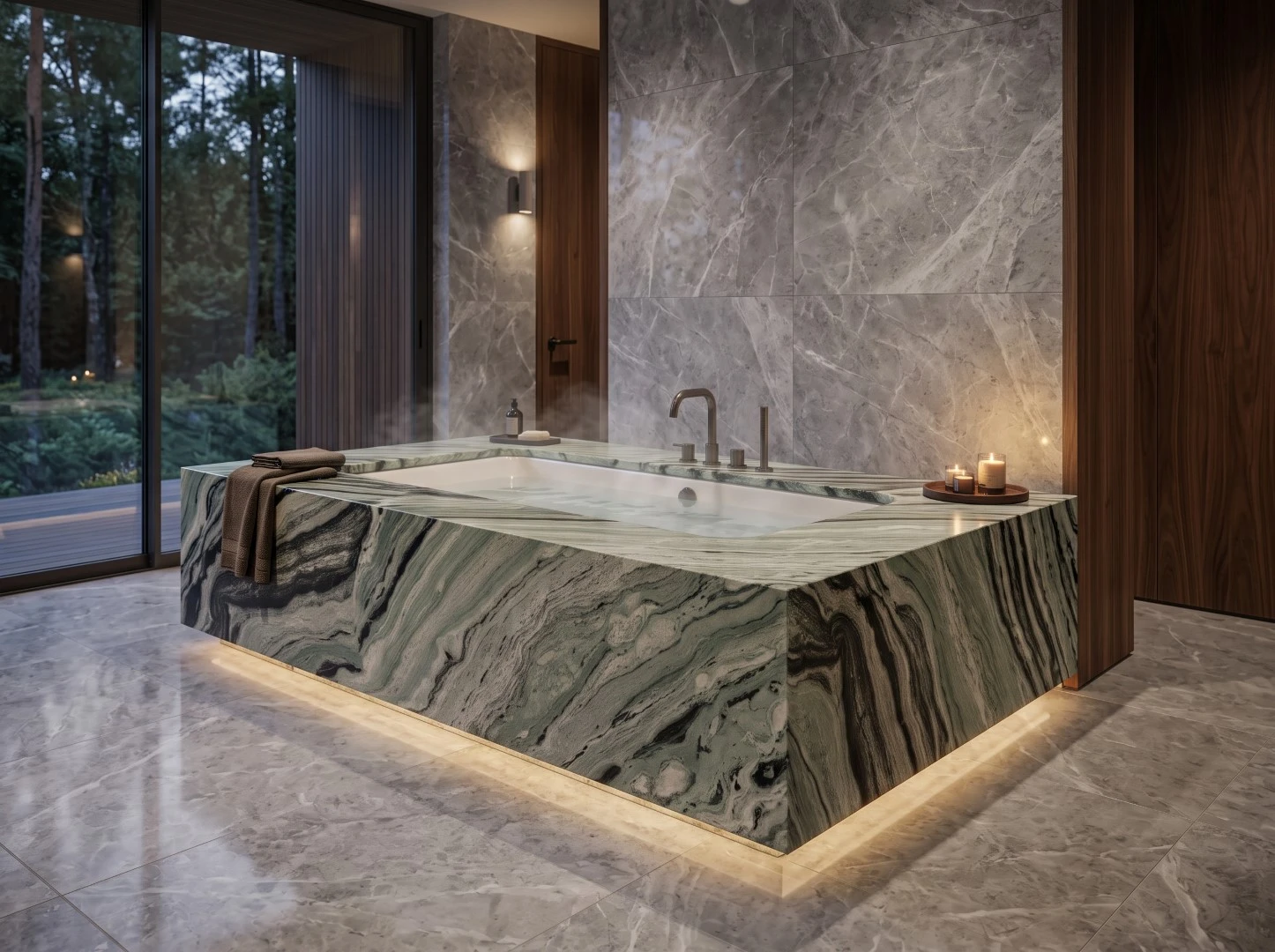 Verde Oceania Marble bathtub deck and surround with mitered corners, dramatic flowing veining and concealed base lighting in a luxury bathroom Verde Oceania Marble bathtub deck and surround with mitered corners, dramatic flowing veining and concealed base lighting in a luxury bathroom