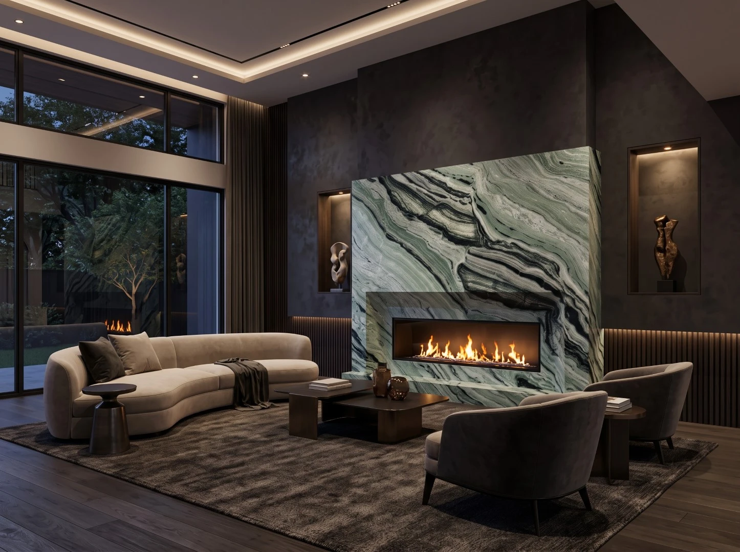 Verde Oceania Marble fireplace surround with bookmatched-style green, grey and black veining in a modern luxury living room Verde Oceania Marble fireplace surround with bookmatched-style green, grey and black veining in a modern luxury living room