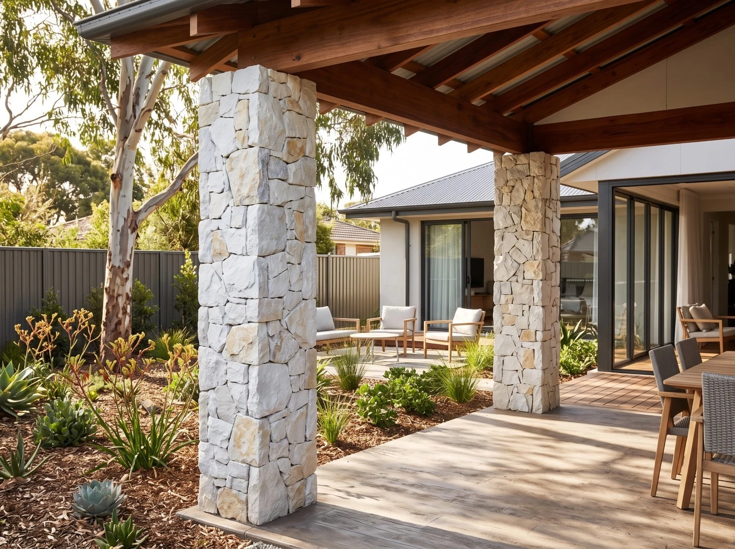 Natural White Quartzite loose random stone wall cladding installed on outdoor patio columns of a modern residence Natural White Quartzite loose random stone wall cladding installed on outdoor patio columns of a modern residence