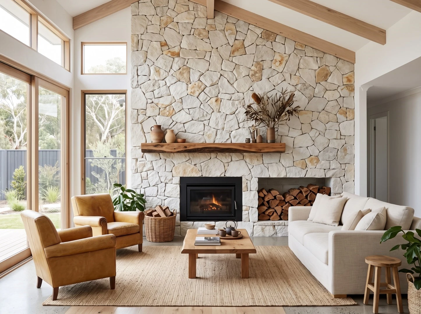 Natural White Quartzite loose random stone wall cladding installed as a floor-to-ceiling fireplace feature wall in a contemporary living room Natural White Quartzite loose random stone wall cladding installed as a floor-to-ceiling fireplace feature wall in a contemporary living room