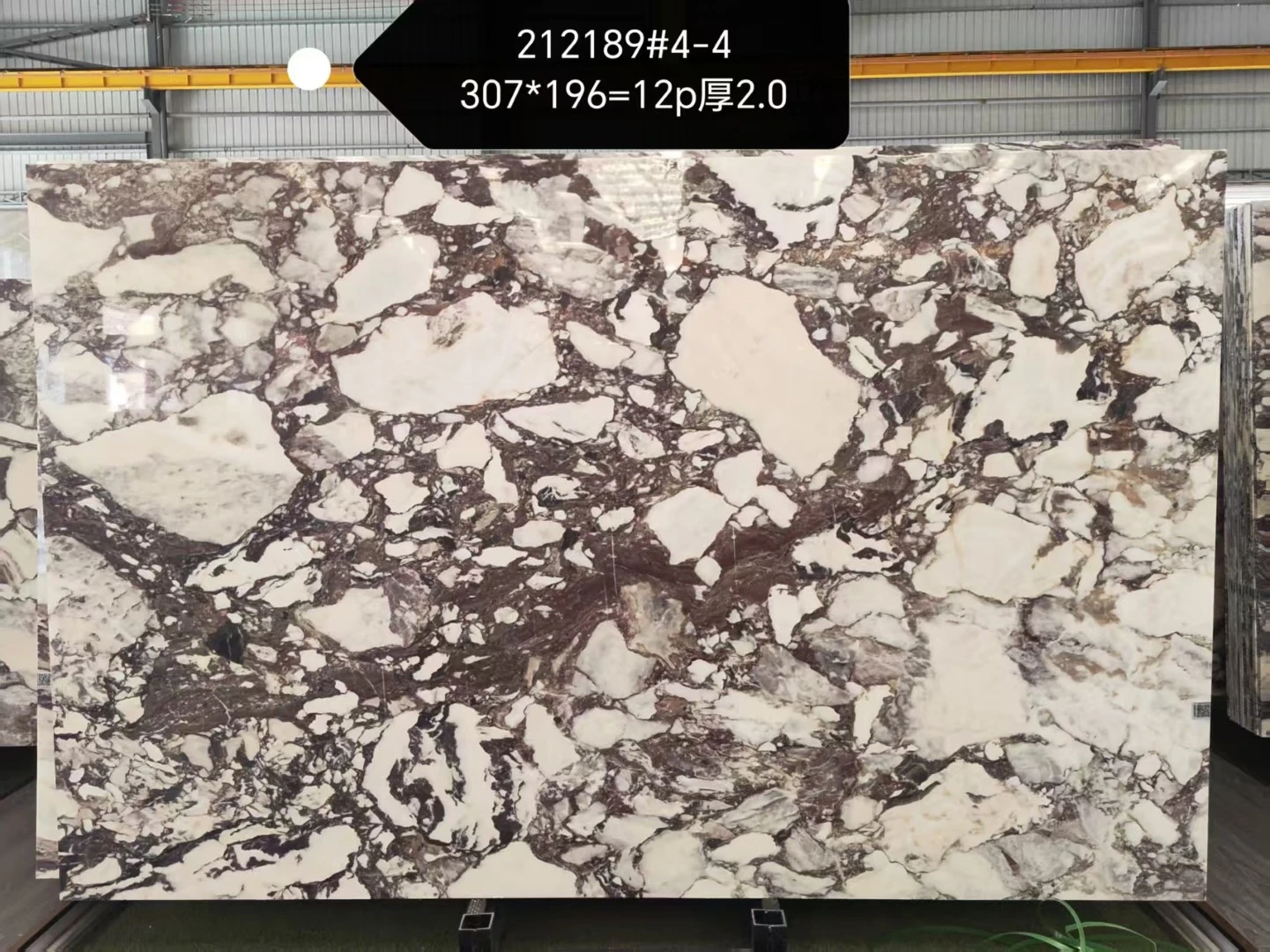 Polished Calacatta Viola Marble slab with an ivory white background and dramatic burgundy-purple brecciated veining displayed in Landiview Stone factory Polished Calacatta Viola Marble slab with an ivory white background and dramatic burgundy-purple brecciated veining displayed in Landiview Stone factory