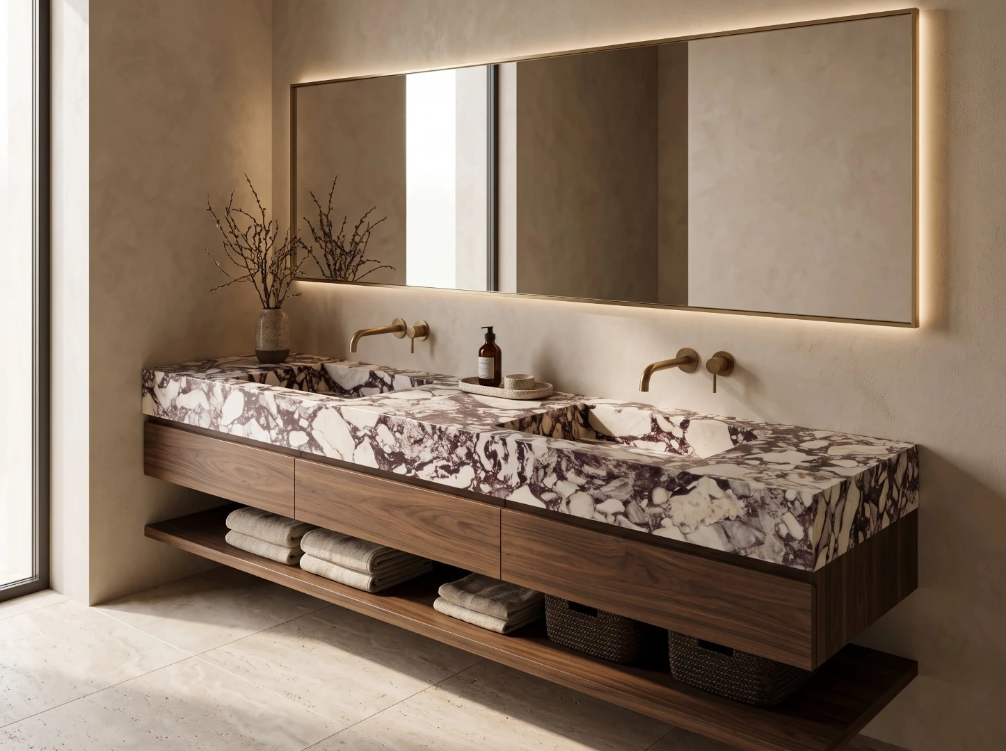 Calacatta Viola Marble double vanity with integrated sinks, mitered edges and a floating walnut cabinet in a modern luxury bathroom Calacatta Viola Marble double vanity with integrated sinks, mitered edges and a floating walnut cabinet in a modern luxury bathroom