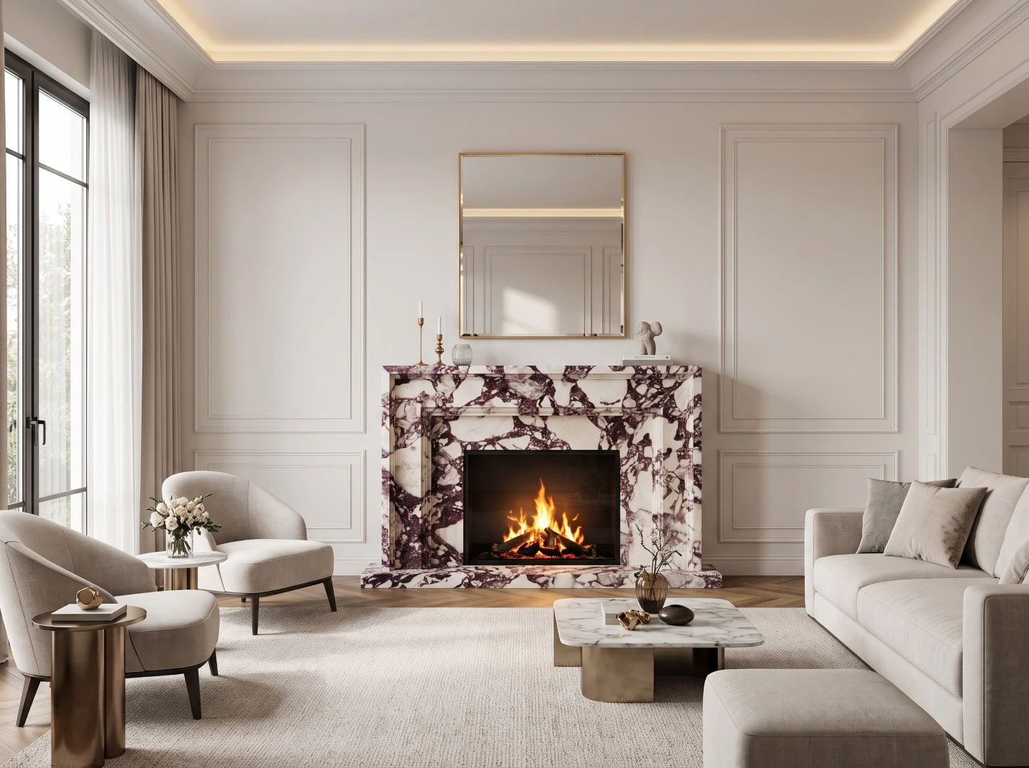 Calacatta Viola Marble fireplace surround with a traditional mantel design and dramatic burgundy veining in an elegant living room Calacatta Viola Marble fireplace surround with a traditional mantel design and dramatic burgundy veining in an elegant living room