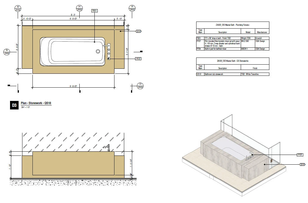 Client bathtub design drawing showing the stonework plan, elevation and three-dimensional intent for an Italian Silver Travertine panel assembly. Client bathtub design drawing showing the stonework plan, elevation and three-dimensional intent for an Italian Silver Travertine panel assembly.