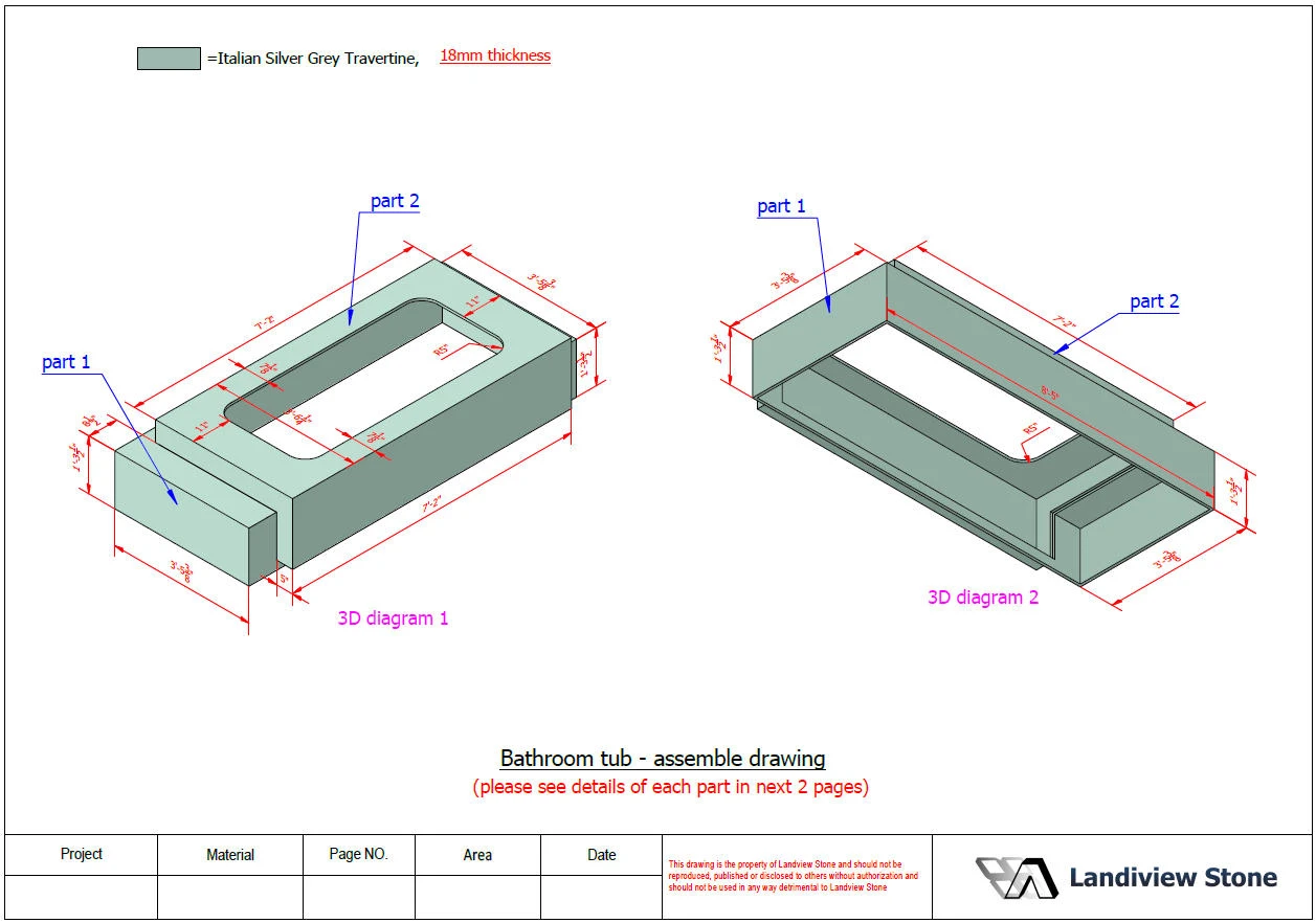 Three-dimensional assembly model showing the dimensional relationship between two groups of 18 mm Italian Silver Travertine bathtub panels. Three-dimensional assembly model showing the dimensional relationship between two groups of 18 mm Italian Silver Travertine bathtub panels.