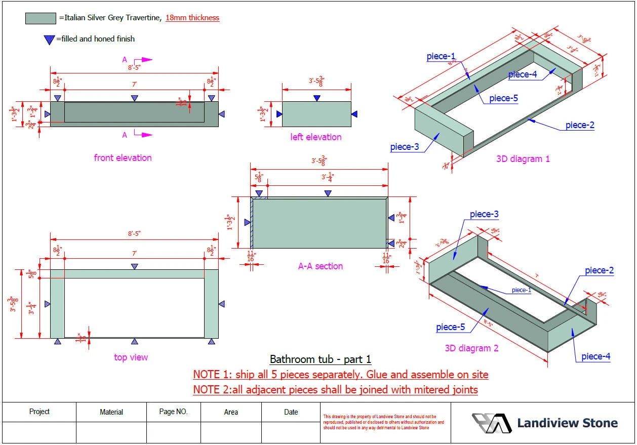 Stone shop drawing for five filled and honed Italian Silver Travertine bathtub panels with dimensions, mitered joints and on-site assembly notes. Stone shop drawing for five filled and honed Italian Silver Travertine bathtub panels with dimensions, mitered joints and on-site assembly notes.