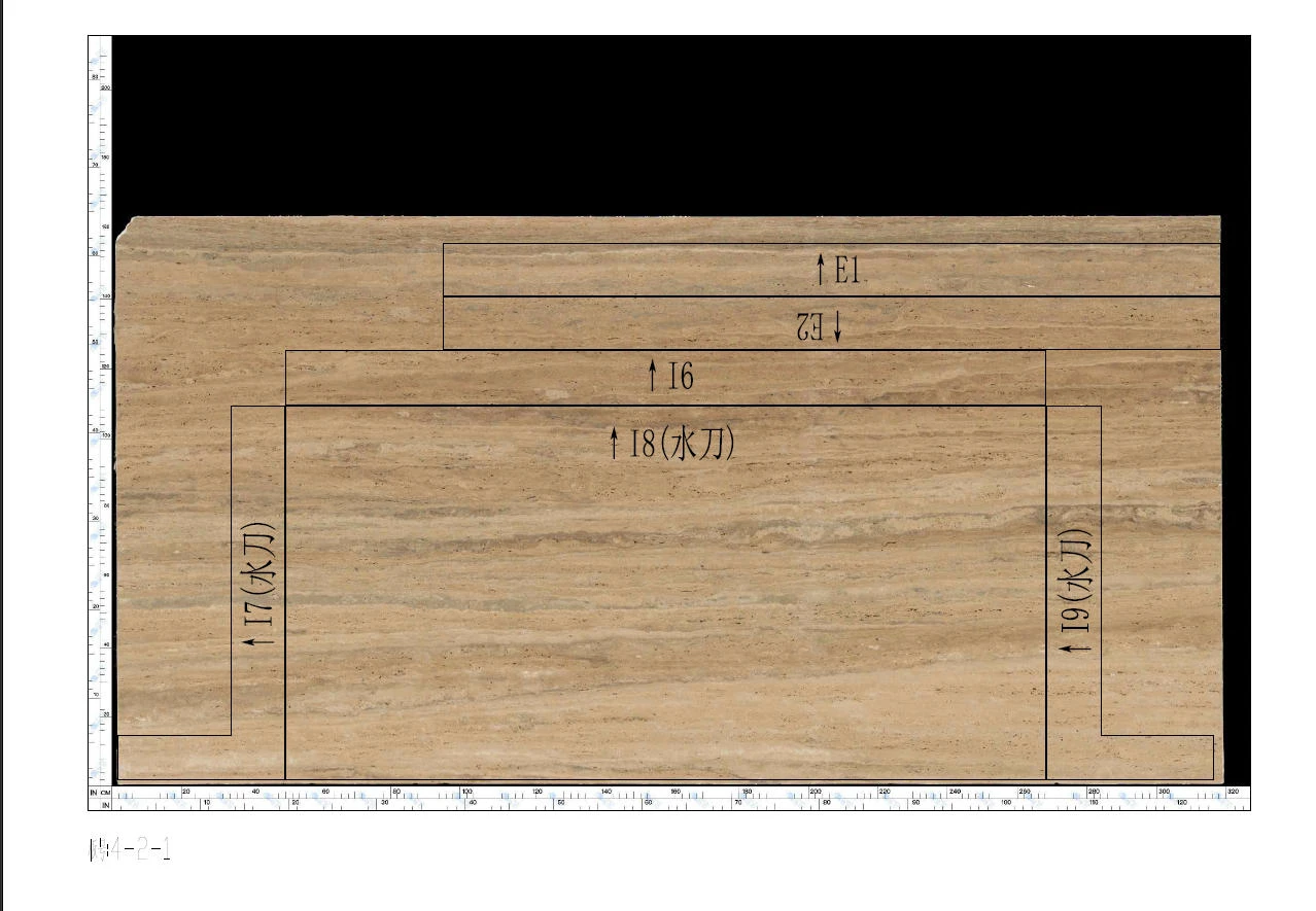 AutoCAD cutting layout placing numbered bathtub panels over a scanned Italian Silver Travertine slab image to coordinate yield and vein direction. AutoCAD cutting layout placing numbered bathtub panels over a scanned Italian Silver Travertine slab image to coordinate yield and vein direction.