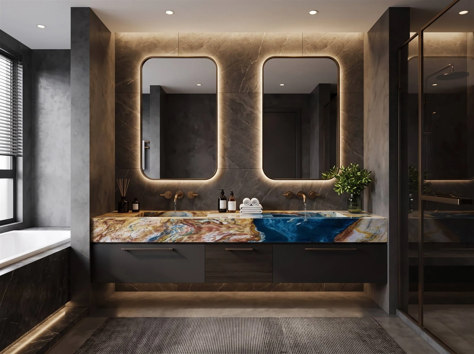 Blue Louise Quartzite double vanity countertop with integrated sinks and dramatic blue, gold and brown veining in a modern luxury bathroom Blue Louise Quartzite double vanity countertop with integrated sinks and dramatic blue, gold and brown veining in a modern luxury bathroom