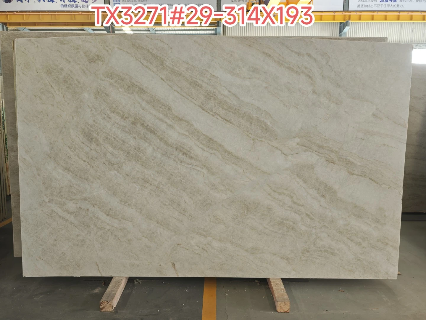 Full Taj Mahal Quartzite slab presented for client approval before cutting long fluted tiles Full Taj Mahal Quartzite slab presented for client approval before cutting long fluted tiles