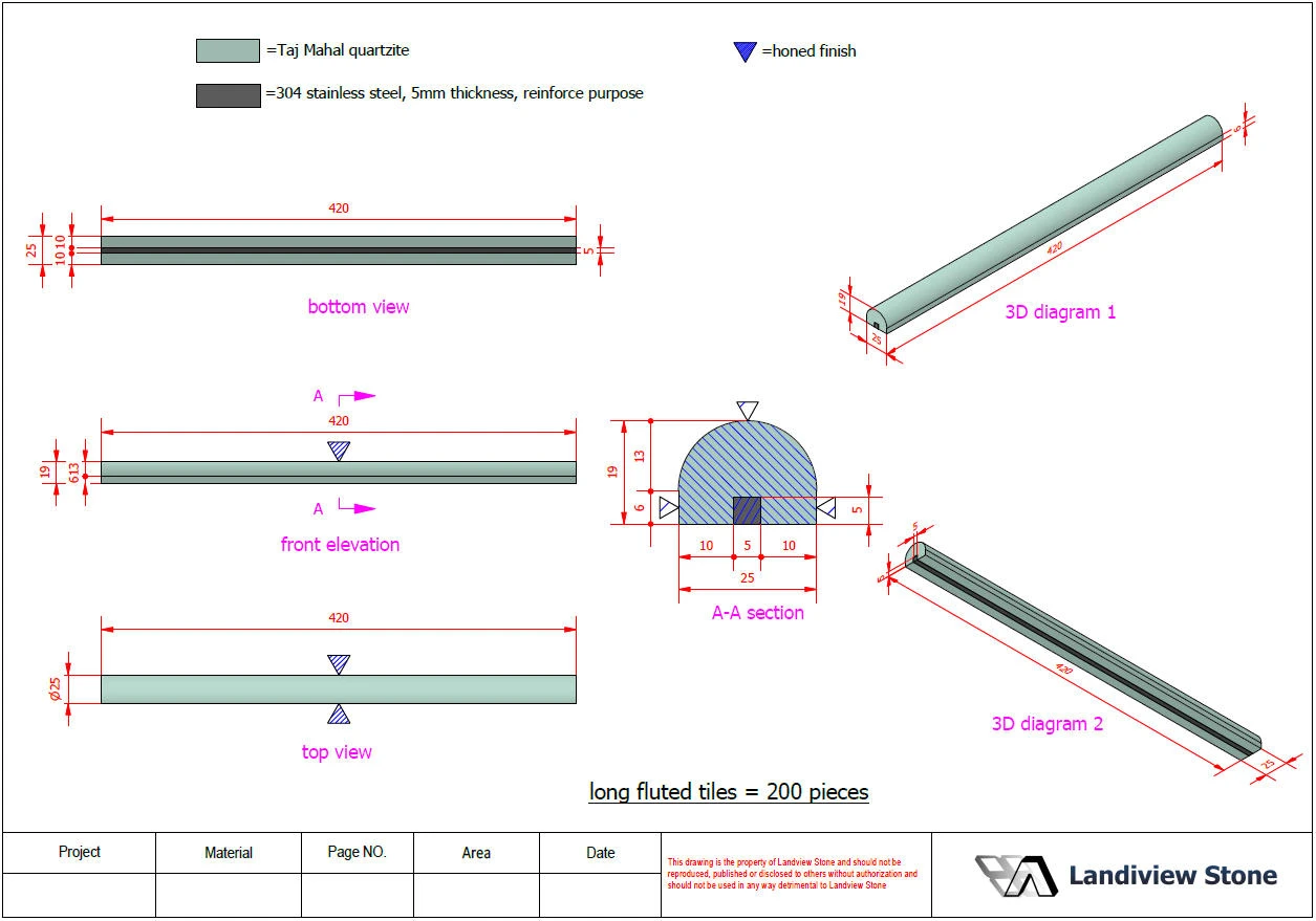 Landiview Stone shop drawing for 420 mm Taj Mahal Quartzite long fluted tiles with honed finish and 304 stainless-steel reinforcement Landiview Stone shop drawing for 420 mm Taj Mahal Quartzite long fluted tiles with honed finish and 304 stainless-steel reinforcement