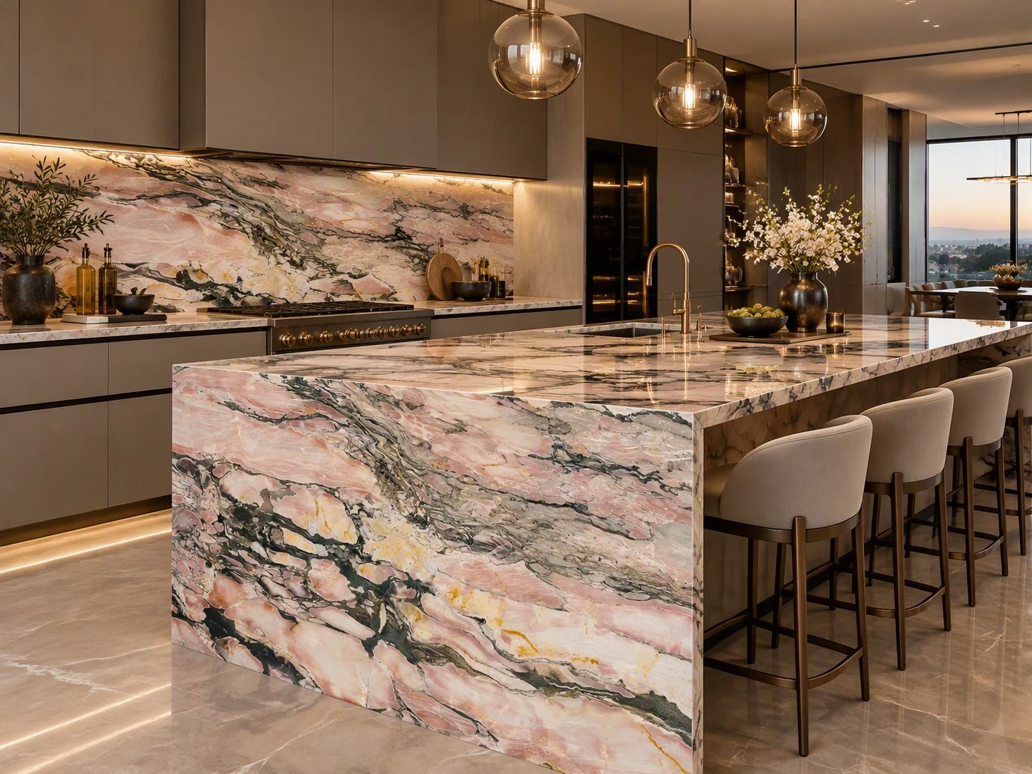 Calacatta Viola Rosa Marble waterfall kitchen island, matching countertops and full-height backsplash in a luxury modern kitchen Calacatta Viola Rosa Marble waterfall kitchen island, matching countertops and full-height backsplash in a luxury modern kitchen