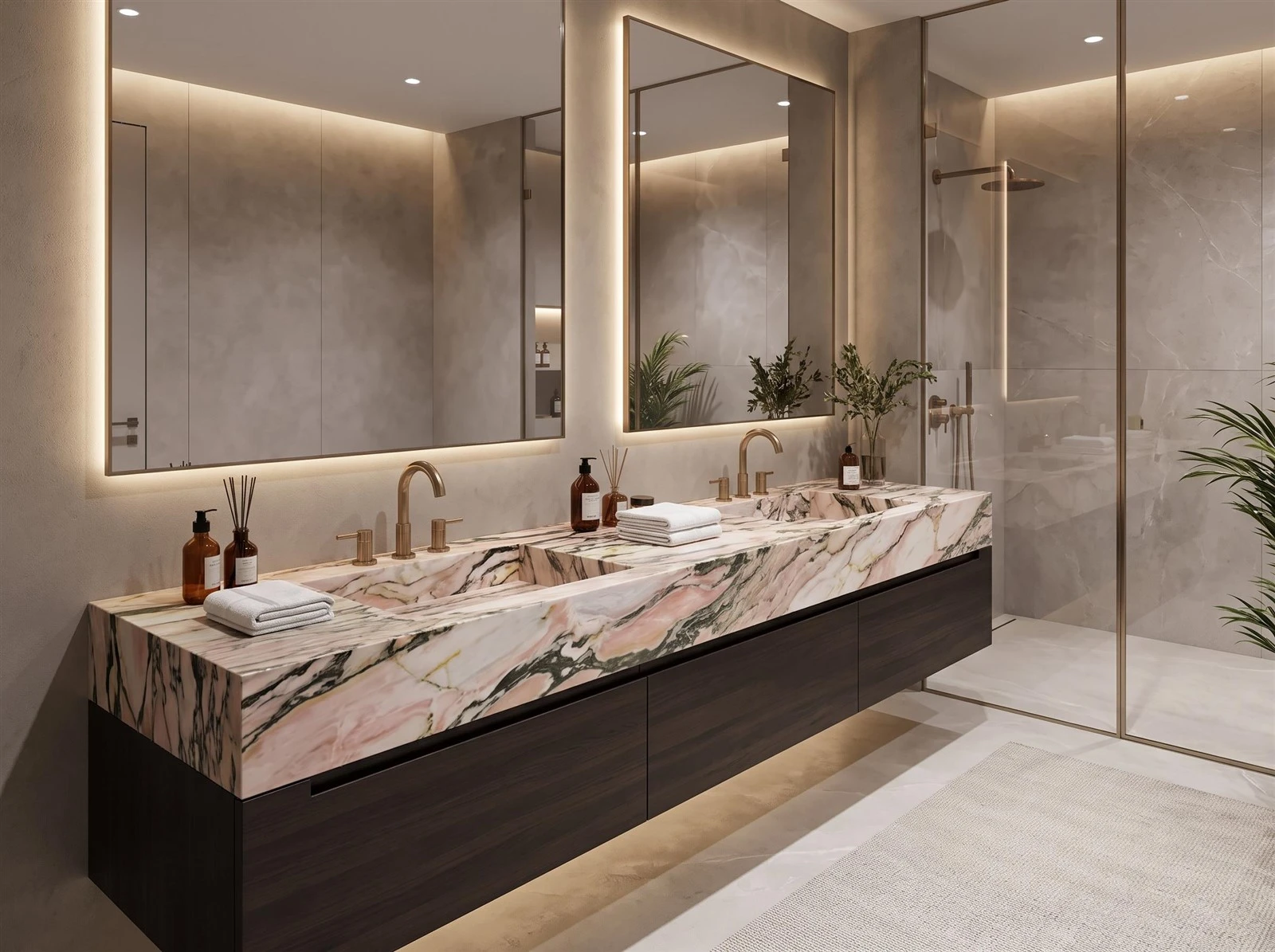 Calacatta Viola Rosa Marble double vanity countertop with integrated sinks and mitered front edges in a modern luxury bathroom Calacatta Viola Rosa Marble double vanity countertop with integrated sinks and mitered front edges in a modern luxury bathroom