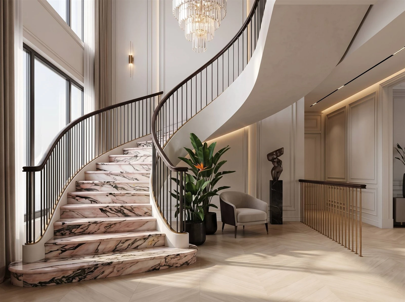 Calacatta Viola Rosa Marble curved staircase with matching treads, risers and rounded base steps in a luxury residential interior Calacatta Viola Rosa Marble curved staircase with matching treads, risers and rounded base steps in a luxury residential interior