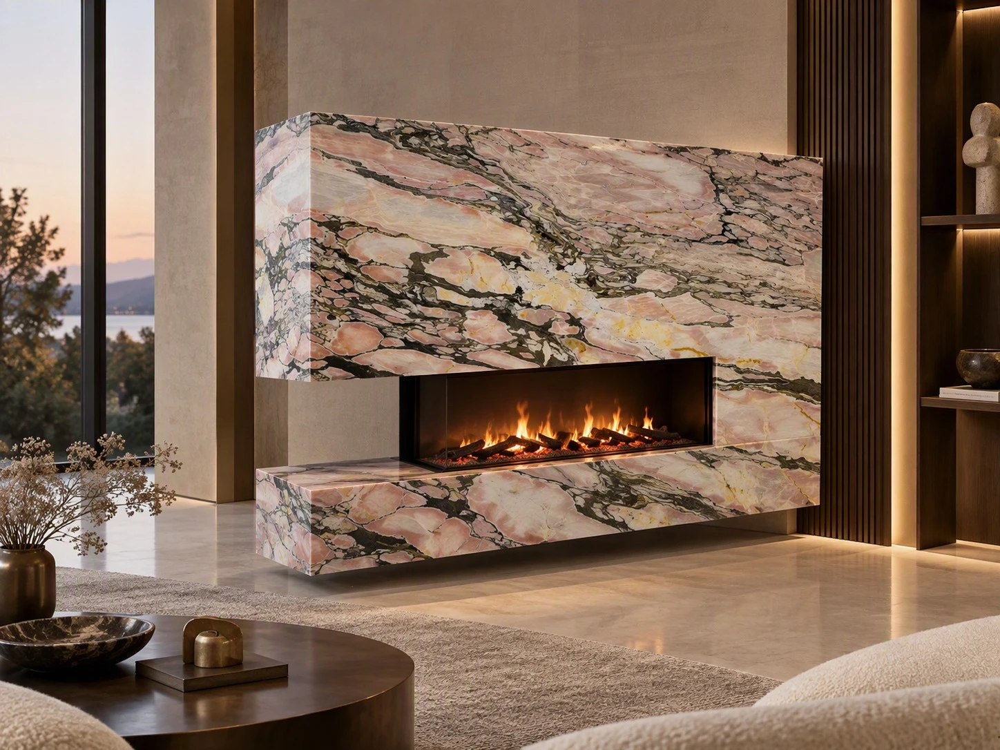 Calacatta Viola Rosa Marble fireplace surround with mitered corners and continuous dramatic veining in a luxury living room Calacatta Viola Rosa Marble fireplace surround with mitered corners and continuous dramatic veining in a luxury living room