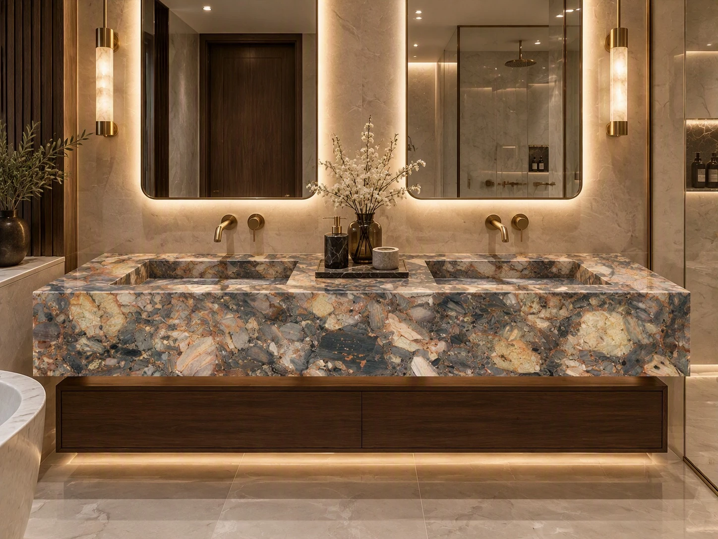 Excalibur Quartzite double vanity with integrated rectangular sinks and mitered front edges in a luxury bathroom Excalibur Quartzite double vanity with integrated rectangular sinks and mitered front edges in a luxury bathroom