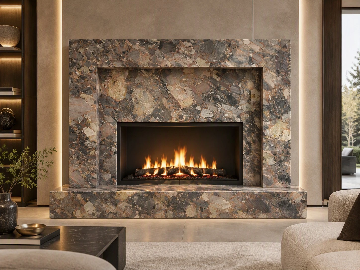 Excalibur Quartzite fireplace surround and raised hearth with mitered edges in a contemporary living room Excalibur Quartzite fireplace surround and raised hearth with mitered edges in a contemporary living room