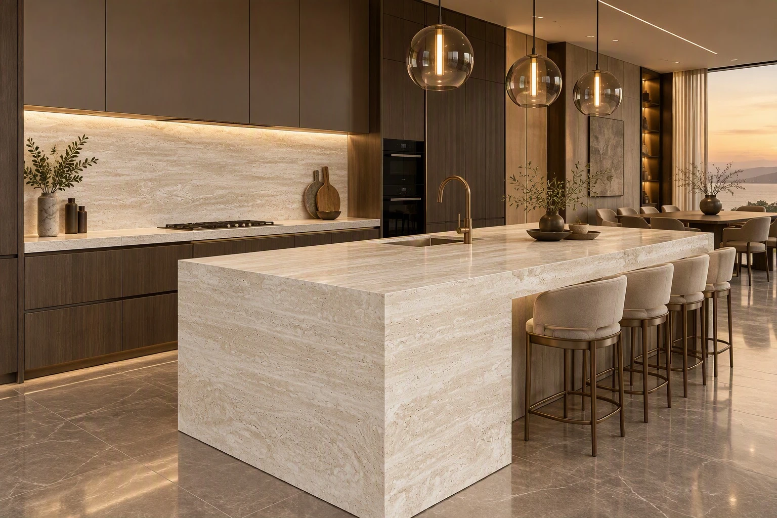 Navona Travertine kitchen island, countertops and full-height backsplash with matching horizontal veining in a modern luxury kitchen Navona Travertine kitchen island, countertops and full-height backsplash with matching horizontal veining in a modern luxury kitchen