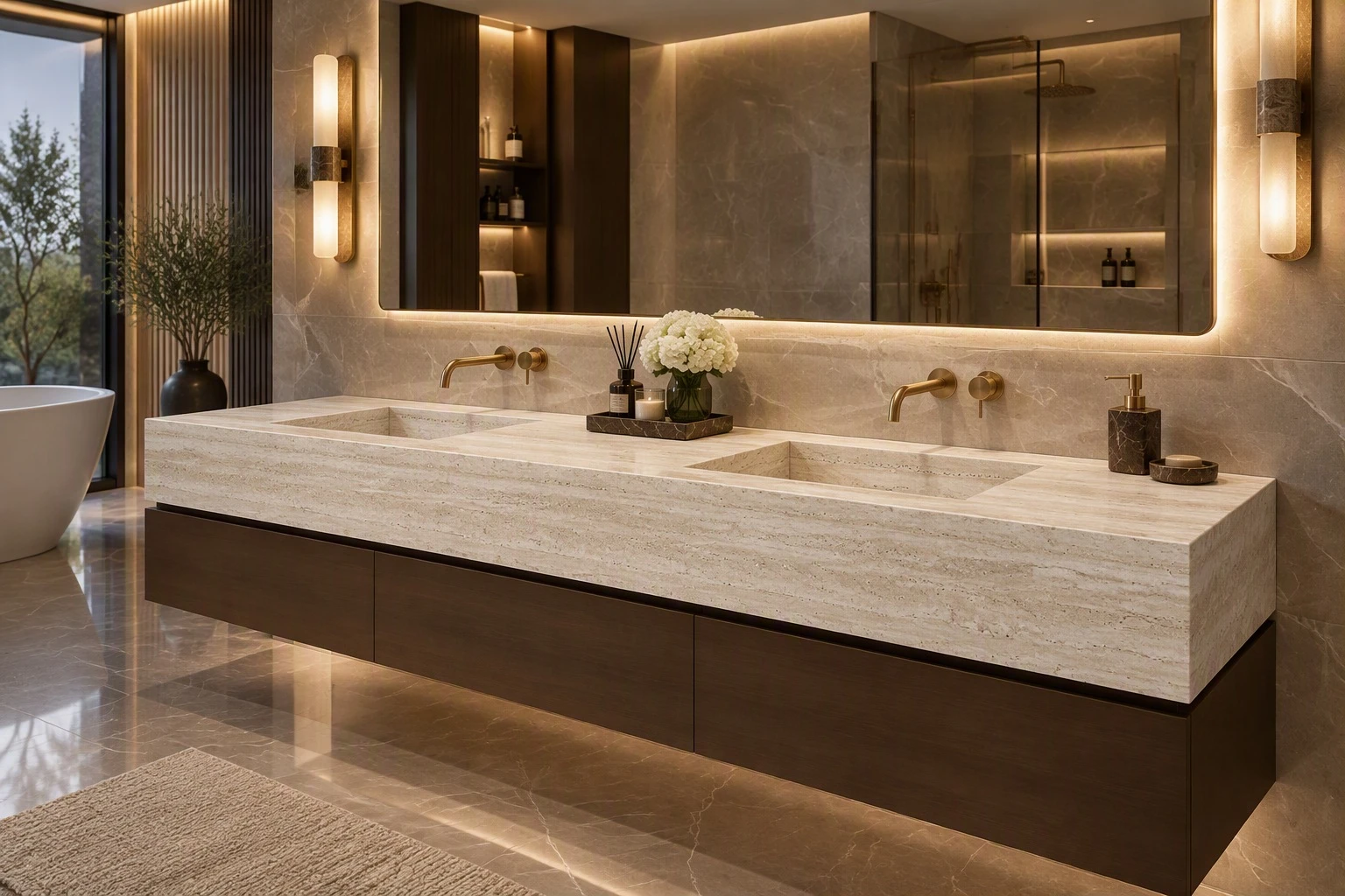 Navona Travertine double vanity top with two integrated sinks and mitered front and side edges in a modern luxury bathroom Navona Travertine double vanity top with two integrated sinks and mitered front and side edges in a modern luxury bathroom