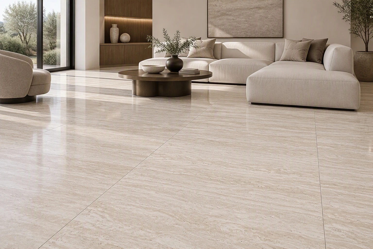 Navona Travertine large-format floor tiles with consistent horizontal veining installed in a contemporary living room Navona Travertine large-format floor tiles with consistent horizontal veining installed in a contemporary living room