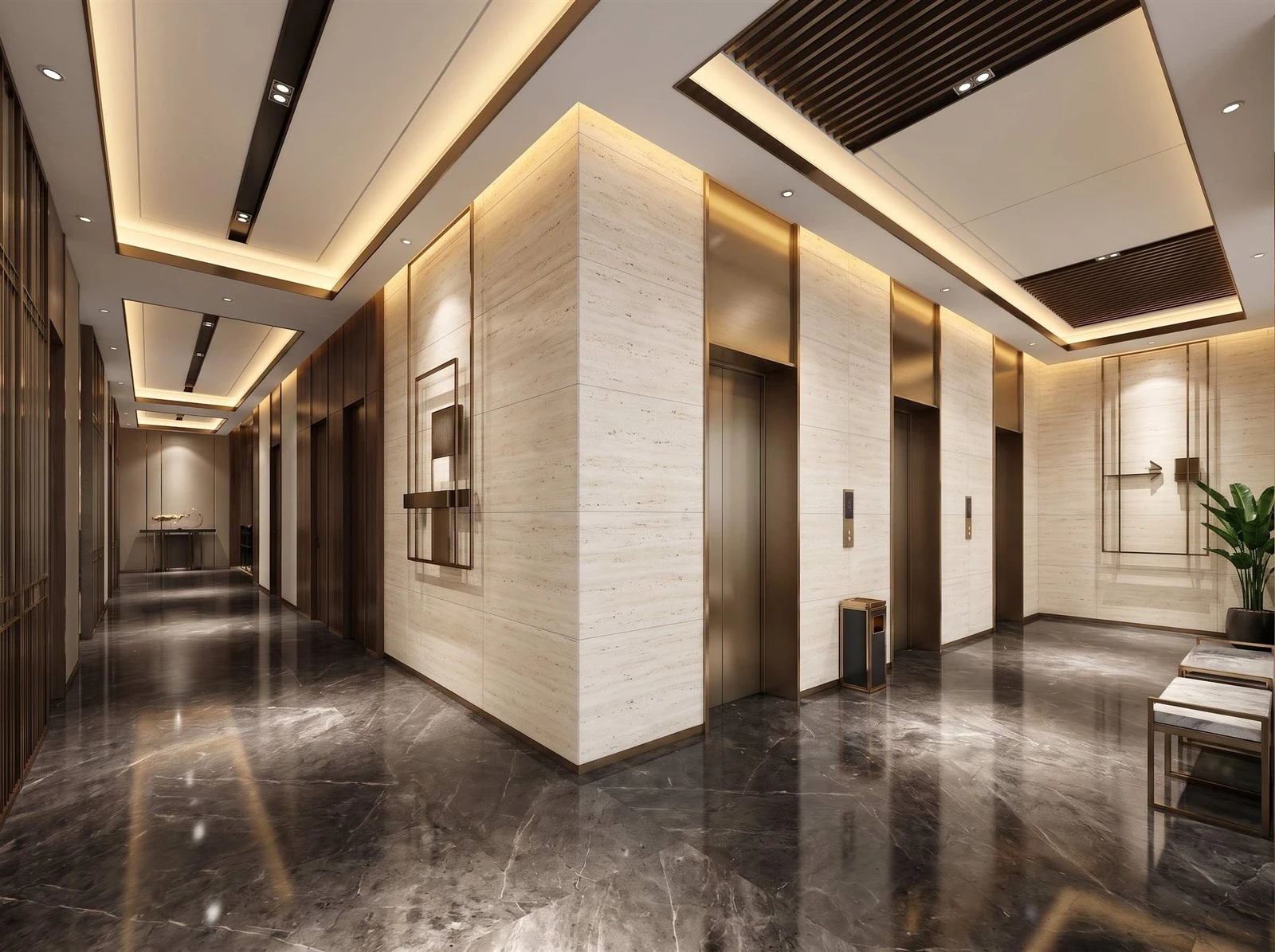 Navona Travertine wall cladding with horizontally aligned veining around the elevators in a contemporary luxury lobby Navona Travertine wall cladding with horizontally aligned veining around the elevators in a contemporary luxury lobby