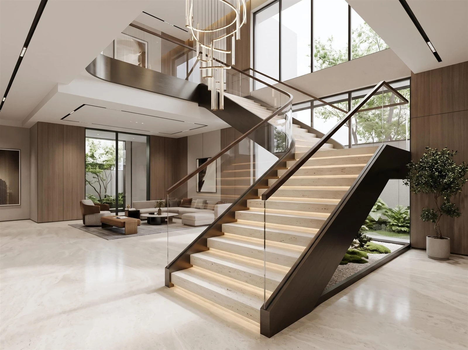 Navona Travertine interior stair treads and risers with integrated lighting, glass balustrades and dark metal stringers in a modern residence Navona Travertine interior stair treads and risers with integrated lighting, glass balustrades and dark metal stringers in a modern residence