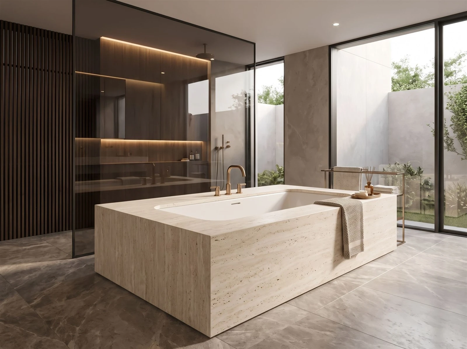 Navona Travertine bathtub deck and surround with mitered edges and horizontally aligned veining in a modern luxury bathroom Navona Travertine bathtub deck and surround with mitered edges and horizontally aligned veining in a modern luxury bathroom