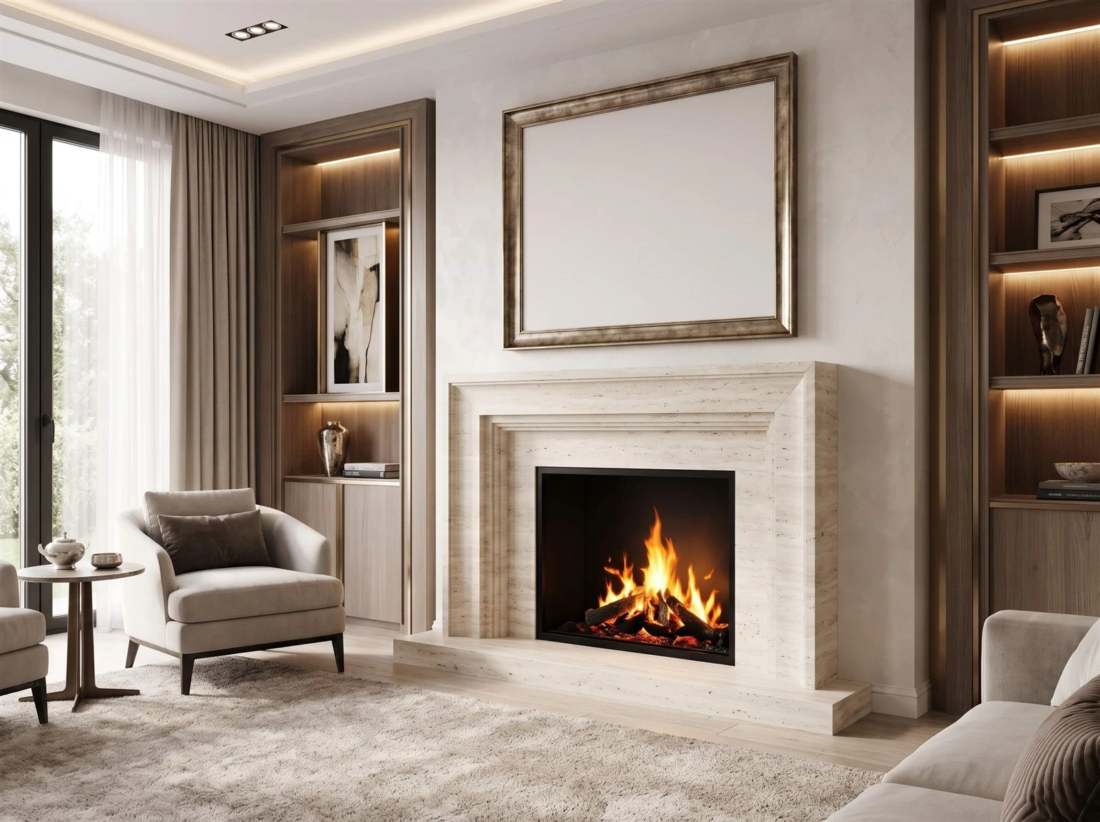 Navona Travertine fireplace surround and raised hearth with layered architectural detailing in a contemporary living room Navona Travertine fireplace surround and raised hearth with layered architectural detailing in a contemporary living room
