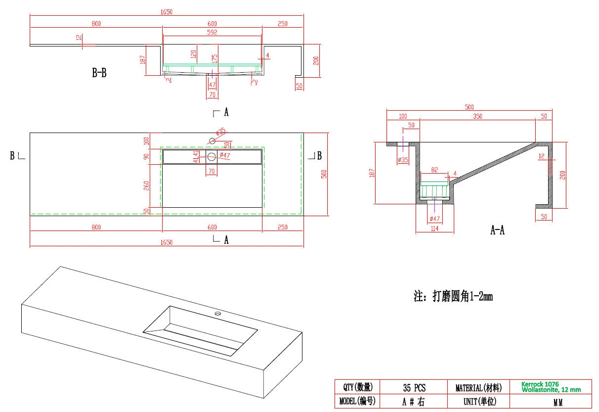 Approved shop drawing for a 1650 mm white acrylic countertop with integrated sink, showing plan, sections, dimensions and material Approved shop drawing for a 1650 mm white acrylic countertop with integrated sink, showing plan, sections, dimensions and material
