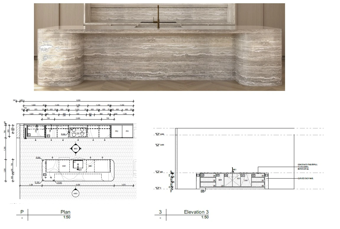 Client design concept with rendering, plan and elevation for a large curved kitchen island. Client design concept with rendering, plan and elevation for a large curved kitchen island.