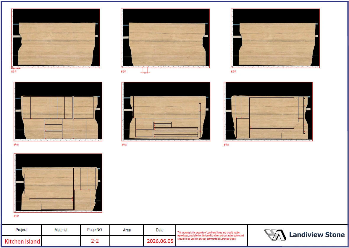 AutoCAD cutting layout placing kitchen island panels on approved Silver Travertine slab scans. AutoCAD cutting layout placing kitchen island panels on approved Silver Travertine slab scans.