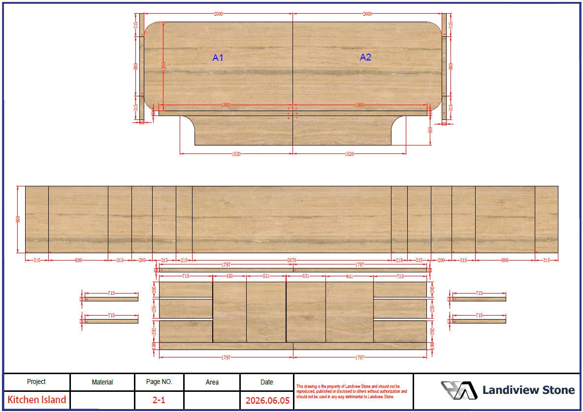 AutoCAD assembly preview showing proposed Silver Travertine vein flow across the island top, fronts and curved ends. AutoCAD assembly preview showing proposed Silver Travertine vein flow across the island top, fronts and curved ends.
