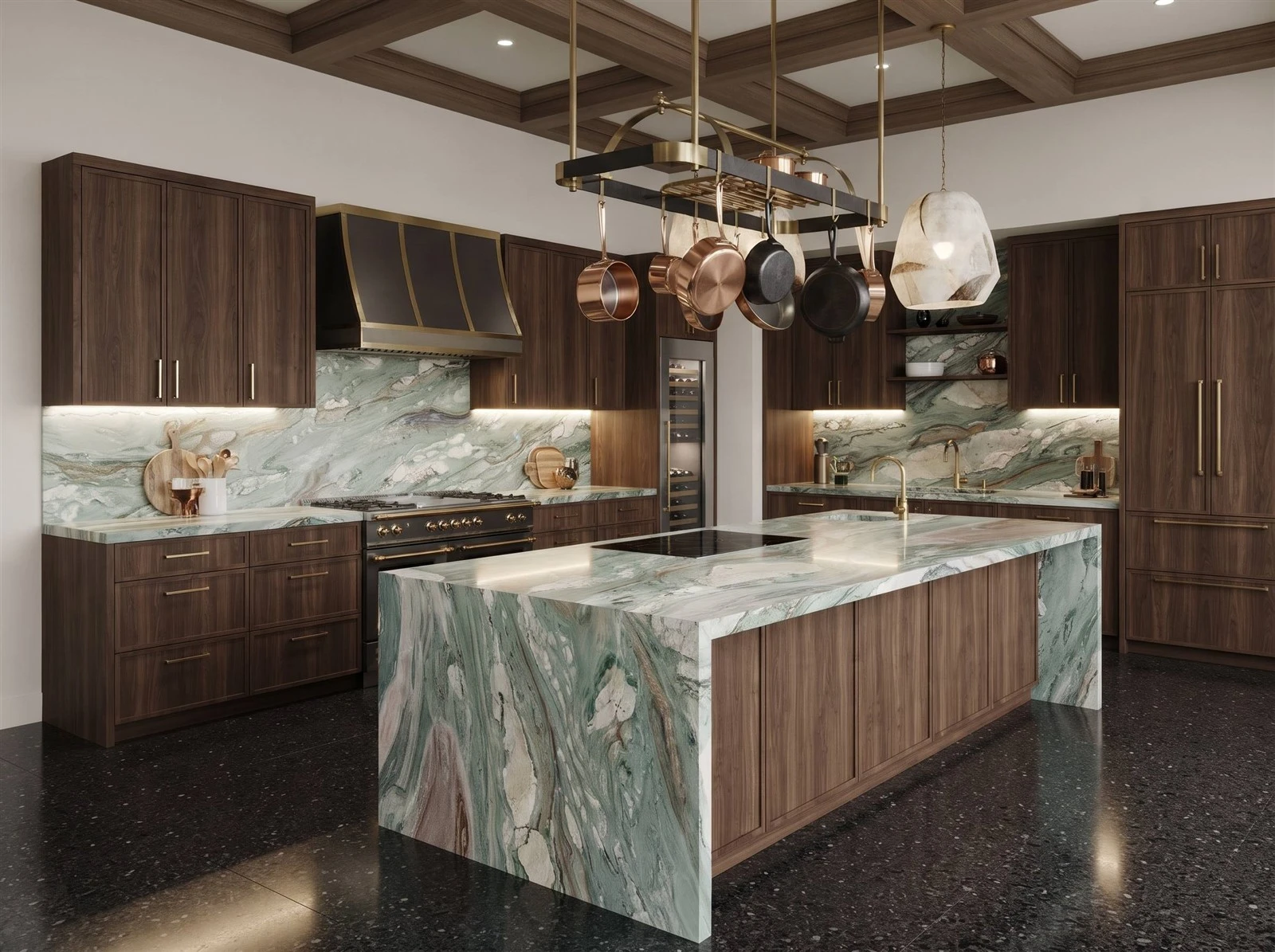 Tiffany Green Quartzite kitchen island, countertops and full-height backsplash with waterfall ends and flowing green and white veining in a luxury kitchen Tiffany Green Quartzite kitchen island, countertops and full-height backsplash with waterfall ends and flowing green and white veining in a luxury kitchen