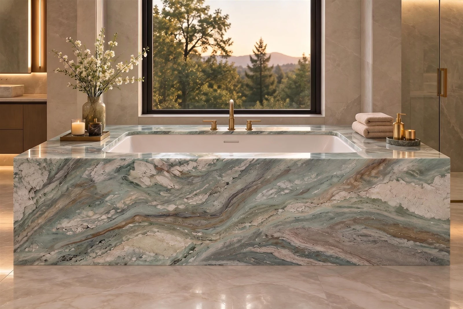 Tiffany Green Quartzite bathtub deck and surround with mitered edges and flowing green, white and brown veining in a luxury bathroom Tiffany Green Quartzite bathtub deck and surround with mitered edges and flowing green, white and brown veining in a luxury bathroom