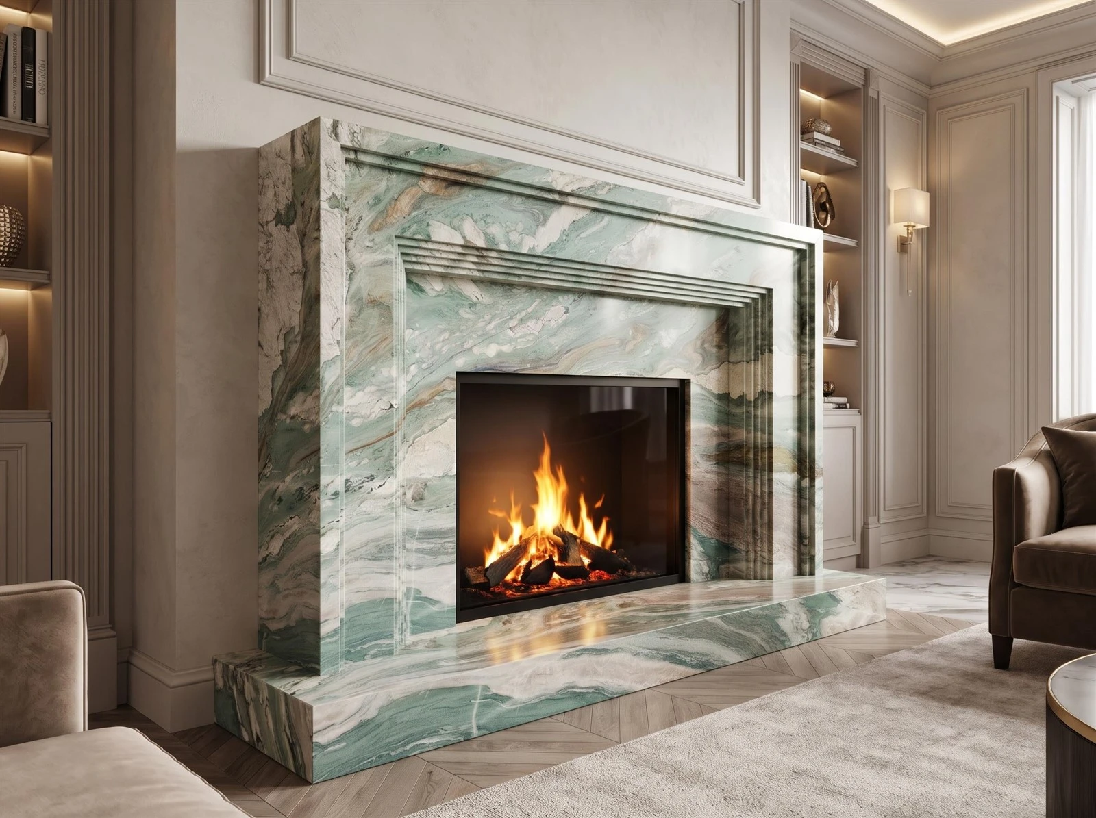 Tiffany Green Quartzite fireplace surround and raised hearth with layered molding, polished surfaces and flowing green, white and brown veining Tiffany Green Quartzite fireplace surround and raised hearth with layered molding, polished surfaces and flowing green, white and brown veining