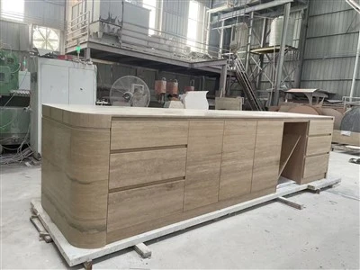 Custom Silver Travertine Kitchen Island With Stone-Wrapped Cabinetry